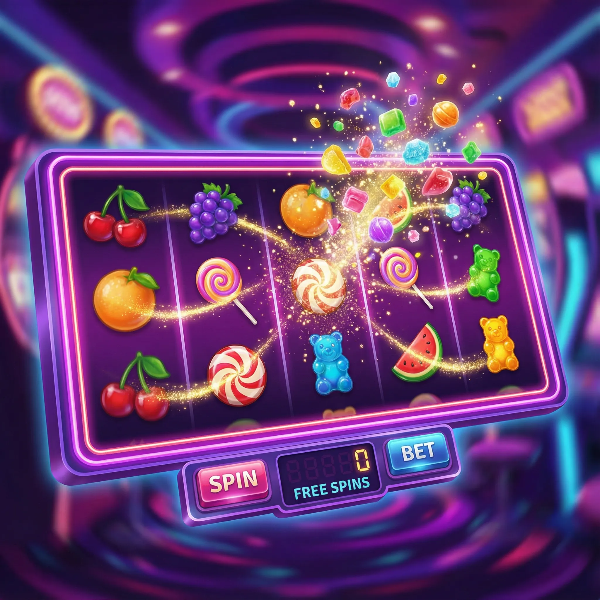 Caça-níqueis coloridos com tema de doces no sssbet